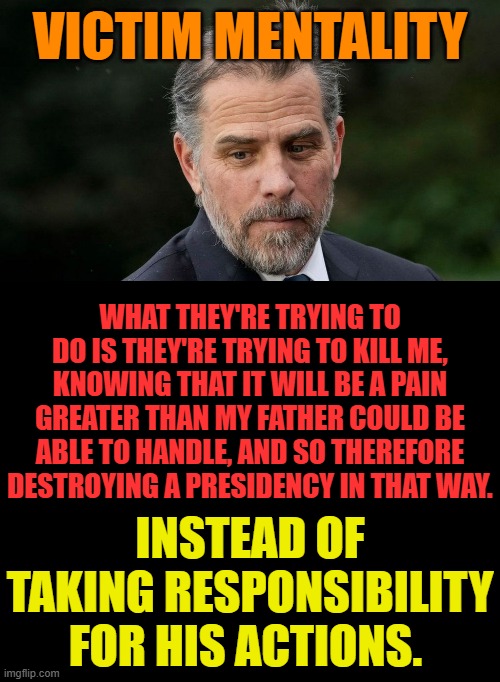 Oh Look...More Woke | VICTIM MENTALITY; WHAT THEY'RE TRYING TO DO IS THEY'RE TRYING TO KILL ME, KNOWING THAT IT WILL BE A PAIN GREATER THAN MY FATHER COULD BE ABLE TO HANDLE, AND SO THEREFORE DESTROYING A PRESIDENCY IN THAT WAY. INSTEAD OF TAKING RESPONSIBILITY FOR HIS ACTIONS. | image tagged in memes,politics,hunter biden,another one,woke,victim | made w/ Imgflip meme maker