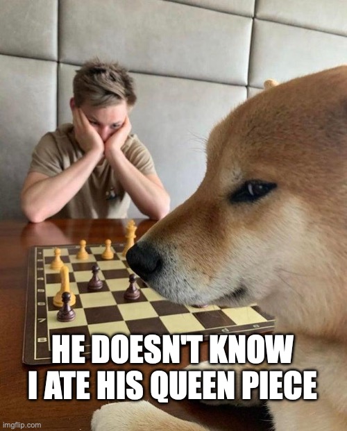 Chessmate Woof | HE DOESN'T KNOW I ATE HIS QUEEN PIECE | image tagged in shiba inu chess | made w/ Imgflip meme maker