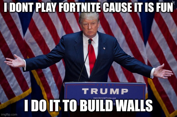 Donald Trump | I DONT PLAY FORTNITE CAUSE IT IS FUN; I DO IT TO BUILD WALLS | image tagged in donald trump | made w/ Imgflip meme maker