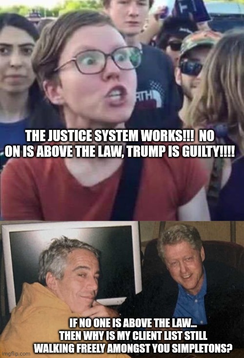 THE JUSTICE SYSTEM WORKS!!!  NO ON IS ABOVE THE LAW, TRUMP IS GUILTY!!!! IF NO ONE IS ABOVE THE LAW... THEN WHY IS MY CLIENT LIST STILL WALKING FREELY AMONGST YOU SIMPLETONS? | image tagged in angry liberal,epstein clinton memes | made w/ Imgflip meme maker