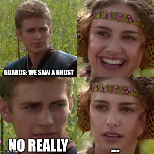 Anakin Padme 4 Panel | GUARDS: WE SAW A GHOST; NO REALLY; ... | image tagged in anakin padme 4 panel | made w/ Imgflip meme maker