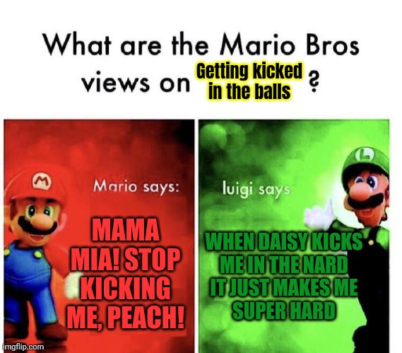 Mario Bros Views | MAMA MIA! STOP KICKING ME, PEACH! WHEN DAISY KICKS
ME IN THE NARD
IT JUST MAKES ME
SUPER HARD Getting kicked in the balls | image tagged in mario bros views,kicked,in the balls | made w/ Imgflip meme maker