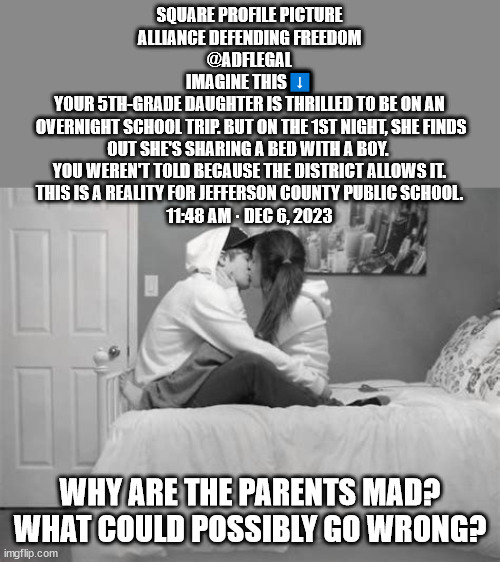 You must accept what the Teachers/Schools dictate! | SQUARE PROFILE PICTURE
ALLIANCE DEFENDING FREEDOM
@ADFLEGAL
IMAGINE THIS⬇️

YOUR 5TH-GRADE DAUGHTER IS THRILLED TO BE ON AN
 OVERNIGHT SCHOOL TRIP. BUT ON THE 1ST NIGHT, SHE FINDS
OUT SHE'S SHARING A BED WITH A BOY. 
YOU WEREN'T TOLD BECAUSE THE DISTRICT ALLOWS IT.

THIS IS A REALITY FOR JEFFERSON COUNTY PUBLIC SCHOOL.
11:48 AM · DEC 6, 2023; WHY ARE THE PARENTS MAD? WHAT COULD POSSIBLY GO WRONG? | image tagged in liberal logic,parent rights | made w/ Imgflip meme maker