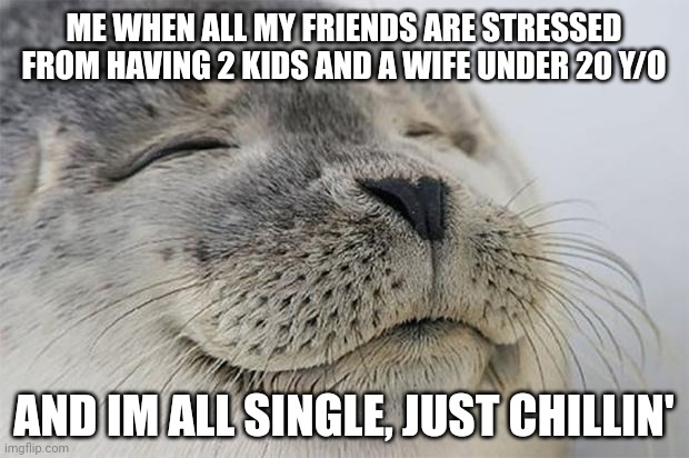 Satisfied Seal Meme | ME WHEN ALL MY FRIENDS ARE STRESSED FROM HAVING 2 KIDS AND A WIFE UNDER 20 Y/O; AND IM ALL SINGLE, JUST CHILLIN' | image tagged in memes,satisfied seal,funny | made w/ Imgflip meme maker