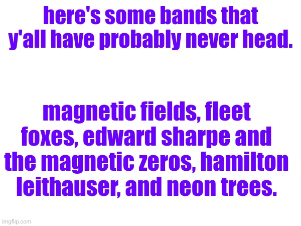 :) | here's some bands that y'all have probably never head. magnetic fields, fleet foxes, edward sharpe and the magnetic zeros, hamilton leithauser, and neon trees. | made w/ Imgflip meme maker
