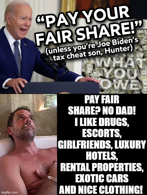 Pay fair share? | PAY FAIR SHARE? NO DAD! I LIKE DRUGS, ESCORTS, GIRLFRIENDS, LUXURY HOTELS, RENTAL PROPERTIES, EXOTIC CARS AND NICE CLOTHING! | image tagged in hunter biden,you're not just wrong your stupid,biden - will you shut up man,moron,dude you're an idiot | made w/ Imgflip meme maker