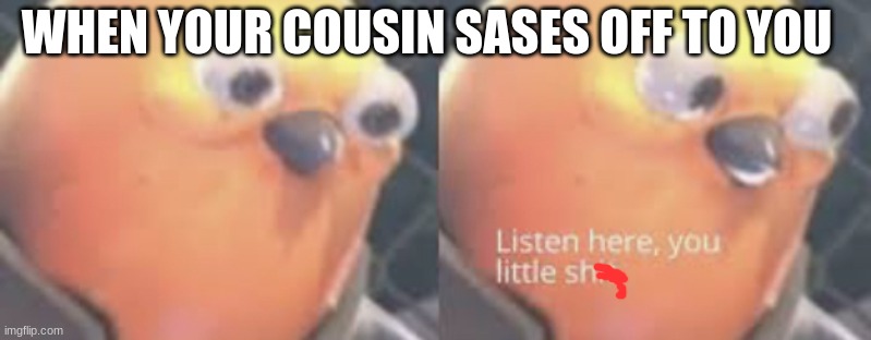 for real | WHEN YOUR COUSIN SASES OFF TO YOU | image tagged in listen here you little shit bird,family | made w/ Imgflip meme maker
