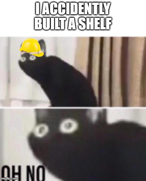 Oh no cat | I ACCIDENTLY BUILT A SHELF | image tagged in oh no cat | made w/ Imgflip meme maker