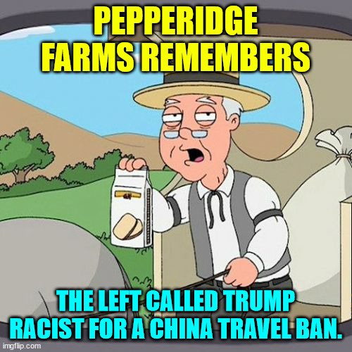 Pepperidge Farm Remembers Meme | PEPPERIDGE FARMS REMEMBERS THE LEFT CALLED TRUMP RACIST FOR A CHINA TRAVEL BAN. | image tagged in memes,pepperidge farm remembers | made w/ Imgflip meme maker