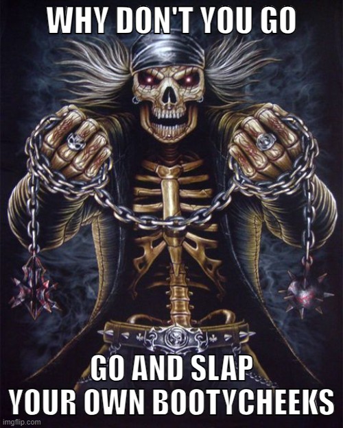 badass skeleton 4 | WHY DON'T YOU GO; GO AND SLAP YOUR OWN BOOTYCHEEKS | image tagged in badass skeleton | made w/ Imgflip meme maker