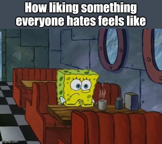 That feeling :( | How liking something everyone hates feels like | image tagged in sad spongebob | made w/ Imgflip meme maker