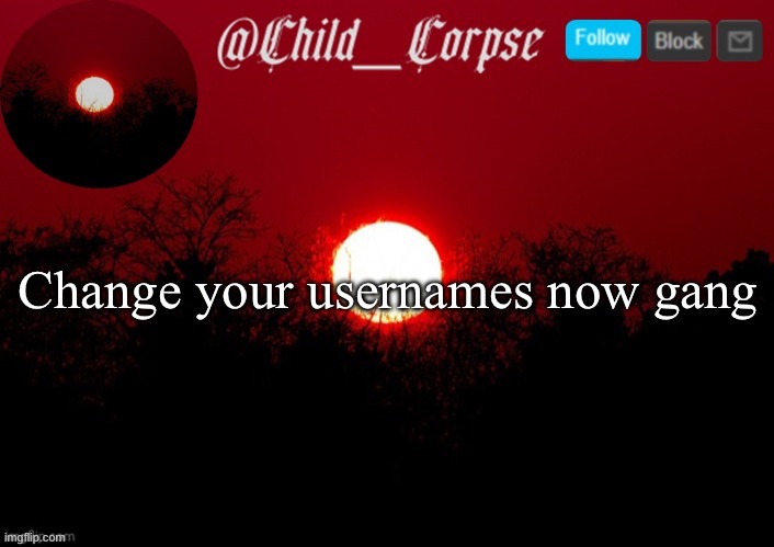Child_Corpse announcement template | Change your usernames now gang | image tagged in child_corpse announcement template | made w/ Imgflip meme maker