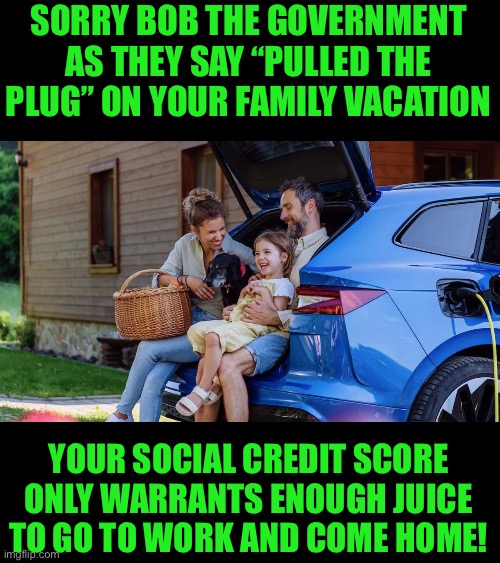 Sorry Bob | SORRY BOB THE GOVERNMENT AS THEY SAY “PULLED THE PLUG” ON YOUR FAMILY VACATION; YOUR SOCIAL CREDIT SCORE ONLY WARRANTS ENOUGH JUICE TO GO TO WORK AND COME HOME! | image tagged in democrats,freedom | made w/ Imgflip meme maker