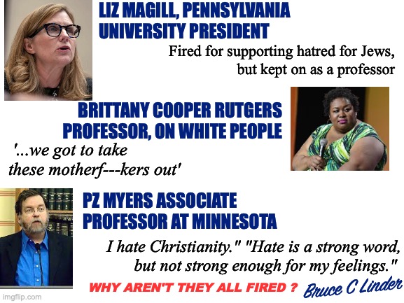Hate U | LIZ MAGILL, PENNSYLVANIA UNIVERSITY PRESIDENT; Fired for supporting hatred for Jews,
but kept on as a professor; BRITTANY COOPER RUTGERS PROFESSOR, ON WHITE PEOPLE; '...we got to take
these motherf---kers out'; PZ MYERS ASSOCIATE PROFESSOR AT MINNESOTA; I hate Christianity." "Hate is a strong word,
but not strong enough for my feelings."; WHY AREN'T THEY ALL FIRED ? Bruce C Linder | image tagged in hate u,anti white,anti jewish,anti christian | made w/ Imgflip meme maker