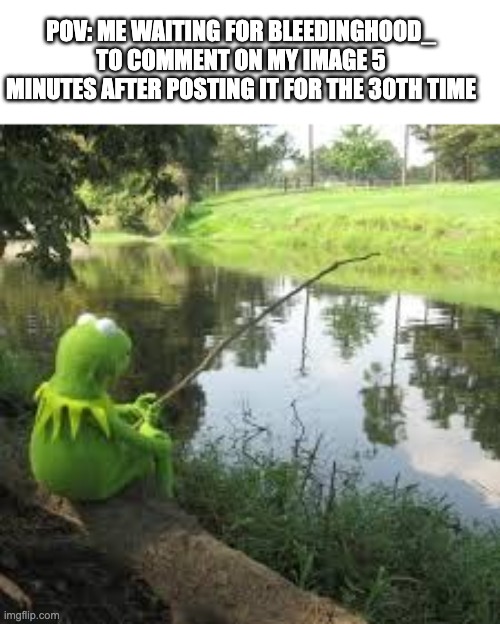 Fishing Kermit | POV: ME WAITING FOR BLEEDINGHOOD_ TO COMMENT ON MY IMAGE 5 MINUTES AFTER POSTING IT FOR THE 30TH TIME | image tagged in fishing kermit | made w/ Imgflip meme maker