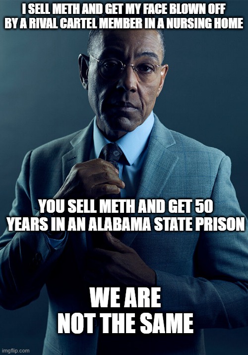 Gus Fring we are not the same | I SELL METH AND GET MY FACE BLOWN OFF BY A RIVAL CARTEL MEMBER IN A NURSING HOME; YOU SELL METH AND GET 50 YEARS IN AN ALABAMA STATE PRISON; WE ARE NOT THE SAME | image tagged in gus fring we are not the same | made w/ Imgflip meme maker