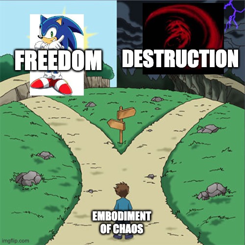 Two Paths | DESTRUCTION; FREEDOM; EMBODIMENT OF CHAOS | image tagged in two paths,sonic the hedgehog,earthbound | made w/ Imgflip meme maker