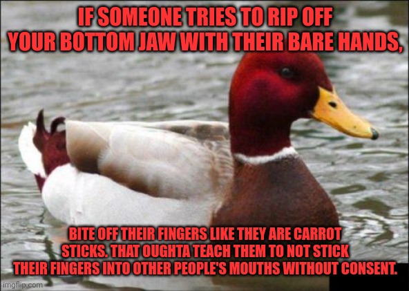 Do people even still use this meme template? | IF SOMEONE TRIES TO RIP OFF YOUR BOTTOM JAW WITH THEIR BARE HANDS, BITE OFF THEIR FINGERS LIKE THEY ARE CARROT STICKS. THAT OUGHTA TEACH THEM TO NOT STICK THEIR FINGERS INTO OTHER PEOPLE'S MOUTHS WITHOUT CONSENT. | image tagged in memes,malicious advice mallard | made w/ Imgflip meme maker
