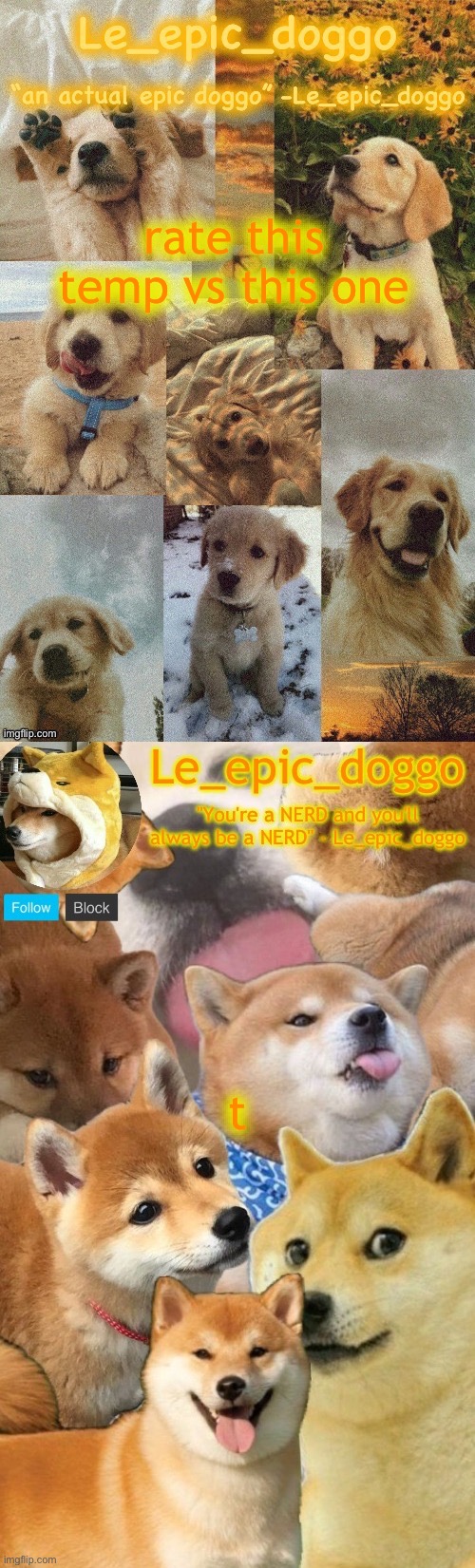 rate this temp vs this one; t | image tagged in doggo temp by doggo wait what that s confusing,doggo temp by corpse and not doggo haha noob | made w/ Imgflip meme maker