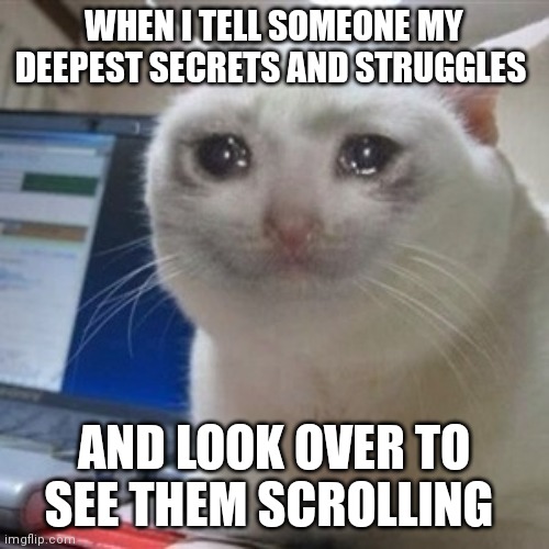 Crying cat | WHEN I TELL SOMEONE MY DEEPEST SECRETS AND STRUGGLES; AND LOOK OVER TO SEE THEM SCROLLING | image tagged in crying cat | made w/ Imgflip meme maker