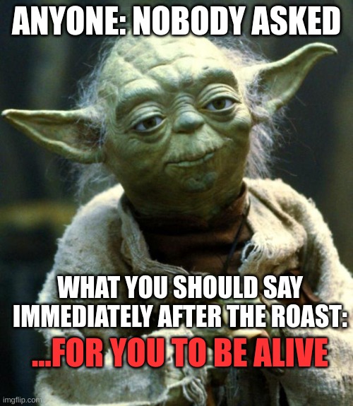 Star Wars Yoda Meme | ANYONE: NOBODY ASKED; WHAT YOU SHOULD SAY IMMEDIATELY AFTER THE ROAST:; ...FOR YOU TO BE ALIVE | image tagged in memes,star wars yoda | made w/ Imgflip meme maker