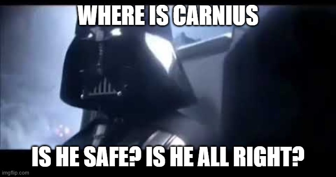 Darth Vader Where is Padme? | WHERE IS CARNIUS; IS HE SAFE? IS HE ALL RIGHT? | image tagged in darth vader where is padme | made w/ Imgflip meme maker