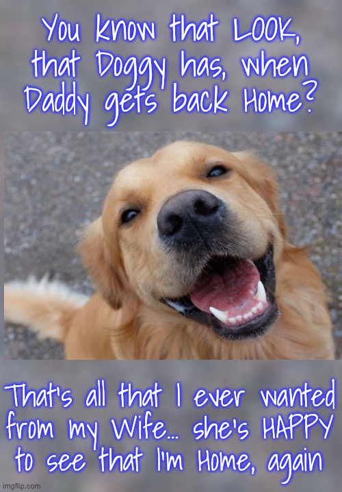 Life is good | You know that LOOK,
that Doggy has, when
Daddy gets back Home? That’s all that I ever wanted
from my Wife… she’s HAPPY
to see that I’m Home, again | image tagged in memes,dogs are the bestest,connected at the heart,thanks god | made w/ Imgflip meme maker