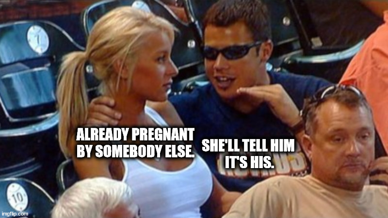 You're what? | SHE'LL TELL HIM 
IT'S HIS. ALREADY PREGNANT BY SOMEBODY ELSE. | image tagged in bro explaining,pregnant,baby | made w/ Imgflip meme maker