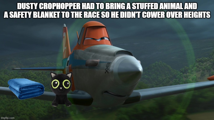 Dusty Crophopper | DUSTY CROPHOPPER HAD TO BRING A STUFFED ANIMAL AND A SAFETY BLANKET TO THE RACE SO HE DIDN'T COWER OVER HEIGHTS | image tagged in dusty crophopper | made w/ Imgflip meme maker