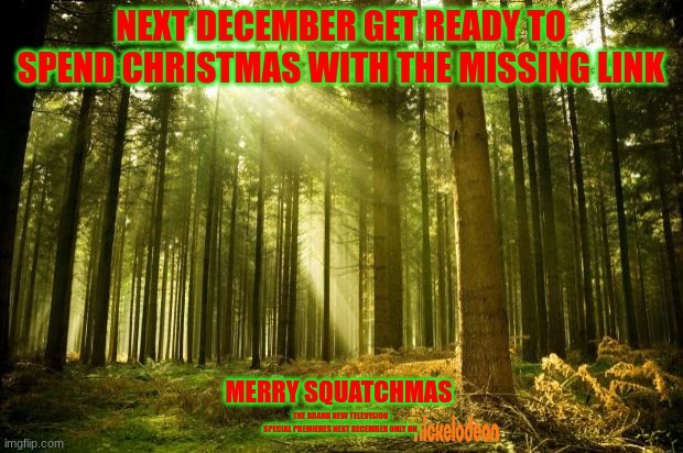 movies that might happen someday part 106 | NEXT DECEMBER GET READY TO SPEND CHRISTMAS WITH THE MISSING LINK; MERRY SQUATCHMAS; THE BRAND NEW TELEVISION SPECIAL PREMIERES NEXT DECEMBER ONLY ON | image tagged in sunlit forest,paramount,nickelodeon,christmas,fake,stop motion | made w/ Imgflip meme maker