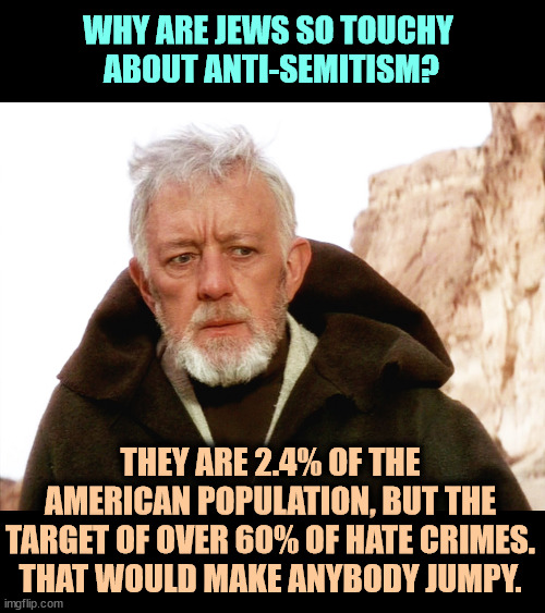 When some @sshole hollers "kill the Jews," he just might. | WHY ARE JEWS SO TOUCHY 
ABOUT ANTI-SEMITISM? THEY ARE 2.4% OF THE AMERICAN POPULATION, BUT THE TARGET OF OVER 60% OF HATE CRIMES. THAT WOULD MAKE ANYBODY JUMPY. | image tagged in curious obi wan,jews,target,hate crime,antisemitism | made w/ Imgflip meme maker
