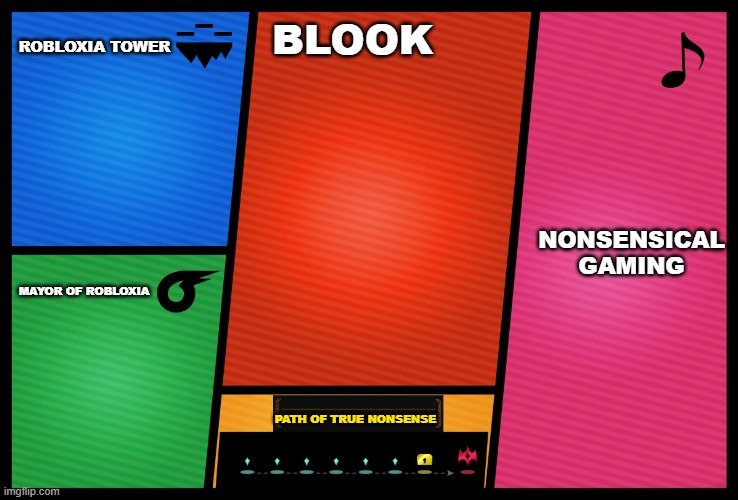 SSBU Blook.mp3 | ROBLOXIA TOWER; BLOOK; NONSENSICAL GAMING; MAYOR OF ROBLOXIA; PATH OF TRUE NONSENSE | image tagged in smash ultimate dlc fighter profile | made w/ Imgflip meme maker