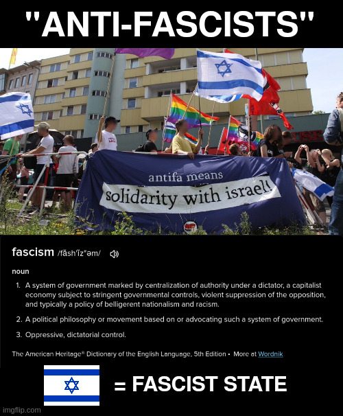 "ANTI-FASCISTS" | "ANTI-FASCISTS"; = FASCIST STATE | image tagged in antifa,israel,zionism,fascism | made w/ Imgflip meme maker