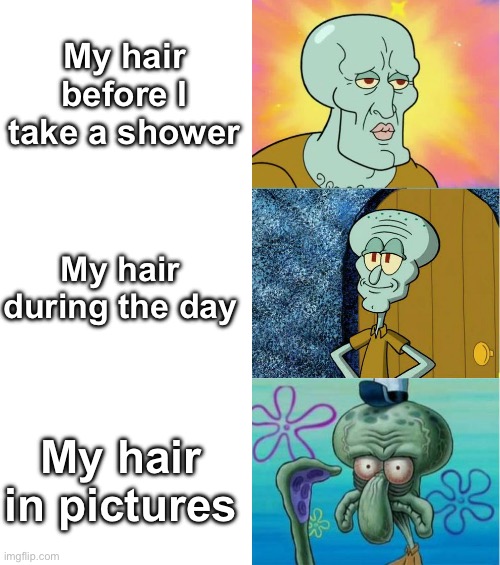 Hair always has that timing | My hair before I take a shower; My hair during the day; My hair in pictures | image tagged in handsome and ugly squidward extended version | made w/ Imgflip meme maker