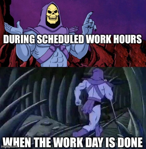 GTFO | DURING SCHEDULED WORK HOURS; WHEN THE WORK DAY IS DONE | image tagged in he man skeleton advices | made w/ Imgflip meme maker