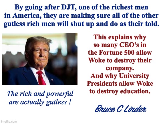 DJT Strong | By going after DJT, one of the richest men in America, they are making sure all of the other gutless rich men will shut up and do as their told. This explains why
so many CEO's in
the Fortune 500 allow
Woke to destroy their
company.
And why University
Presidents allow Woke
to destroy education. The rich and powerful are actually gutless ! Bruce C Linder | image tagged in djt strong,frightened ceo's,frightened universities,woke,intimidation,gutlessness | made w/ Imgflip meme maker