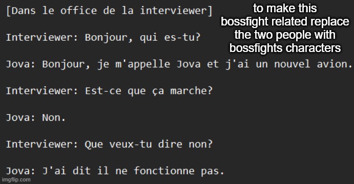 to make this bossfight related replace the two people with bossfights characters | made w/ Imgflip meme maker