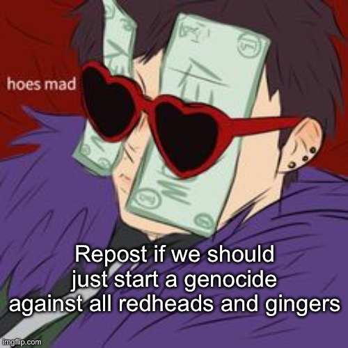 Hoes mad , But it's  the Gucci version | Repost if we should just start a genocide against all redheads and gingers | image tagged in hoes mad but it's the gucci version | made w/ Imgflip meme maker