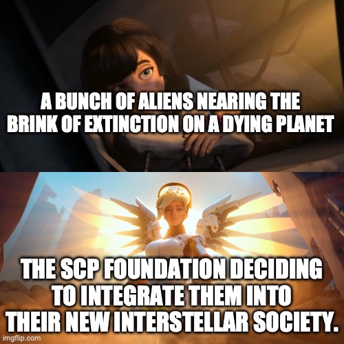 When the Foundation decides to use their hearts. SCP 4547 | A BUNCH OF ALIENS NEARING THE BRINK OF EXTINCTION ON A DYING PLANET; THE SCP FOUNDATION DECIDING TO INTEGRATE THEM INTO THEIR NEW INTERSTELLAR SOCIETY. | image tagged in overwatch mercy meme,wholesome,scp,aliens,rescue,as astra per aspera | made w/ Imgflip meme maker