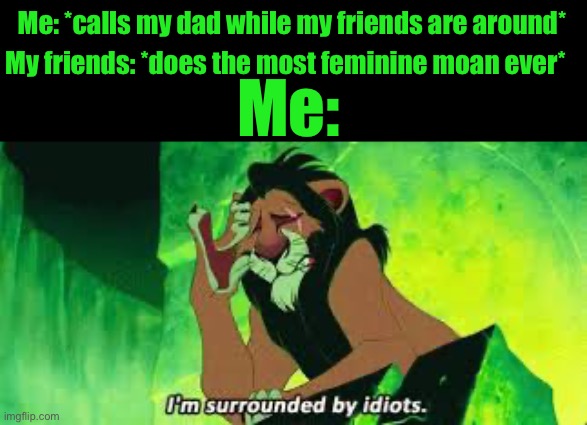 i'm surrounded by idiots | Me: *calls my dad while my friends are around*; My friends: *does the most feminine moan ever*; Me: | image tagged in i'm surrounded by idiots | made w/ Imgflip meme maker