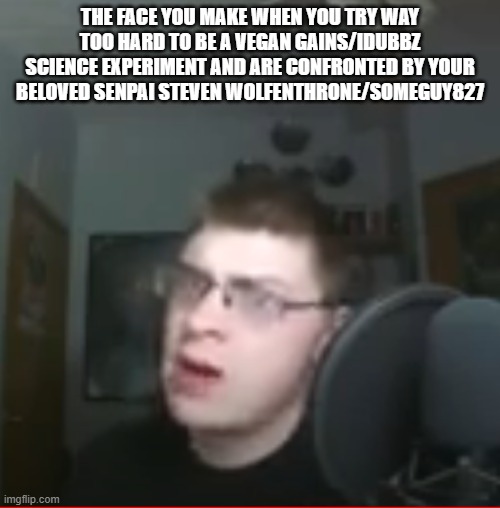 Diet Idubbz is confronted by Regular Idubbz and wants to show disgust for it | THE FACE YOU MAKE WHEN YOU TRY WAY TOO HARD TO BE A VEGAN GAINS/IDUBBZ SCIENCE EXPERIMENT AND ARE CONFRONTED BY YOUR BELOVED SENPAI STEVEN WOLFENTHRONE/SOMEGUY827 | image tagged in cool rant channel,stand up comedian | made w/ Imgflip meme maker