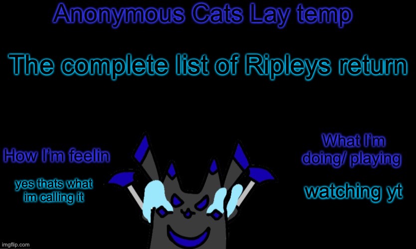 All of the stories in the "Milo chronicles" | The complete list of Ripleys return; watching yt; yes thats what im calling it | image tagged in anonymous cats temp template | made w/ Imgflip meme maker