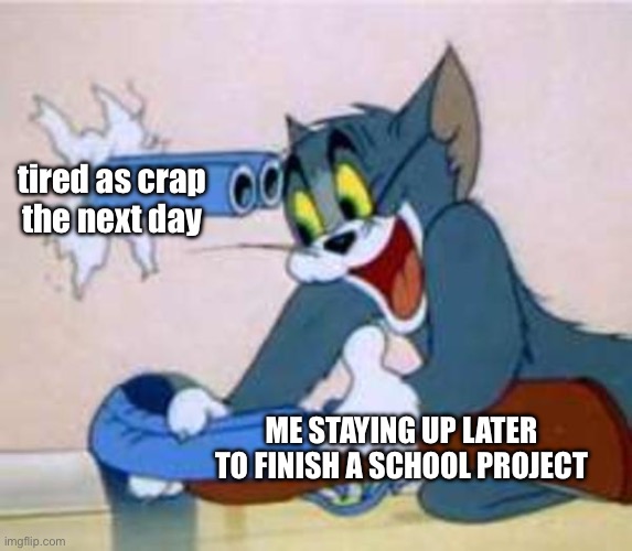 this sucks | tired as crap the next day; ME STAYING UP LATER TO FINISH A SCHOOL PROJECT | image tagged in tom the cat shooting himself,school meme | made w/ Imgflip meme maker