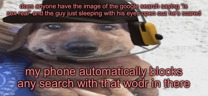 chucklenuts | does anyone have the image of the google search saying “is sex real” and the guy just sleeping with his eyes open cuz he’s scared; my phone automatically blocks any search with that wodr in there | image tagged in chucklenuts | made w/ Imgflip meme maker