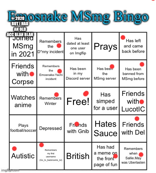 Emosnake MSmg Bingo | 2020 BUT I HAD AN OLD ACC BLAH BLAH | image tagged in emosnake msmg bingo | made w/ Imgflip meme maker