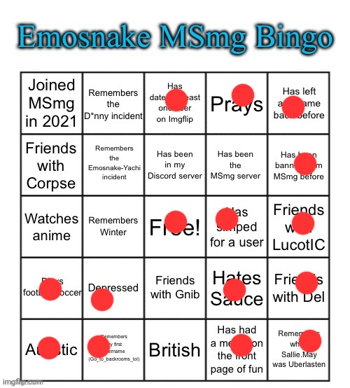 Emosnake MSmg Bingo | image tagged in emosnake msmg bingo | made w/ Imgflip meme maker