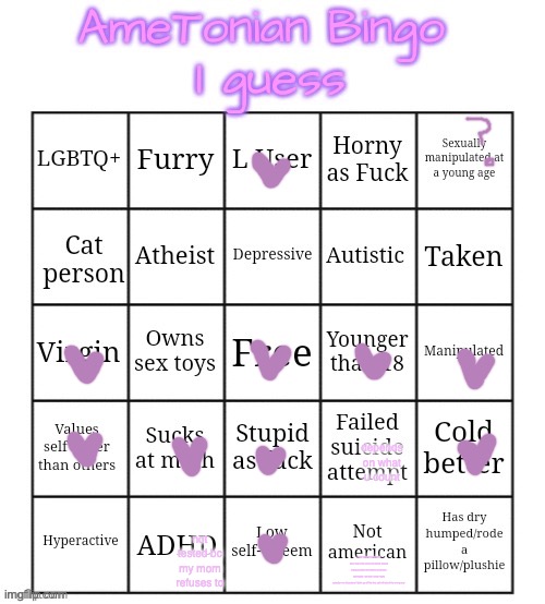AmeTonian Bingo | depends on what u count; not tested bc my mom refuses to; i had citizenship by birth and i live in the us but my family doesnt really consider themselves american. technically i am but i never really

actually nvm lol pretend i didnt go off like that yall will take it the wrong way | image tagged in ametonian bingo | made w/ Imgflip meme maker