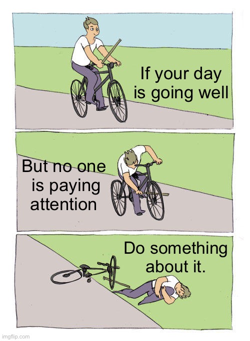 Getting attention. | If your day is going well; But no one
 is paying
 attention; Do something about it. | image tagged in memes,bike fall | made w/ Imgflip meme maker