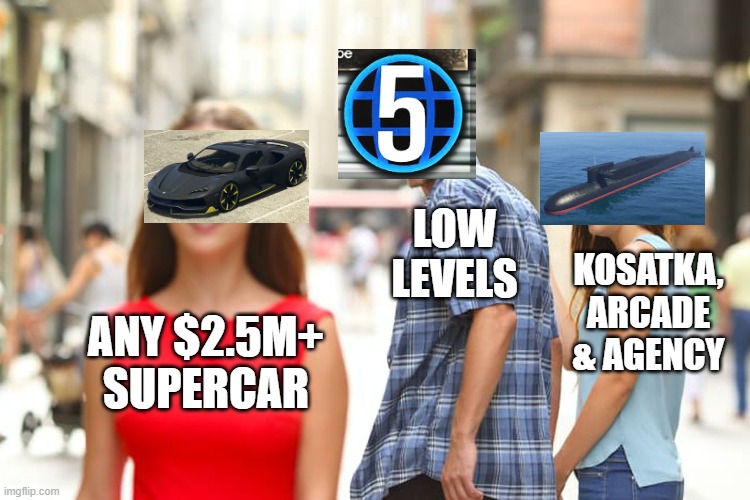 GTA Low Levels be Like: | LOW
LEVELS; KOSATKA, ARCADE & AGENCY; ANY $2.5M+ SUPERCAR | image tagged in memes,distracted boyfriend | made w/ Imgflip meme maker