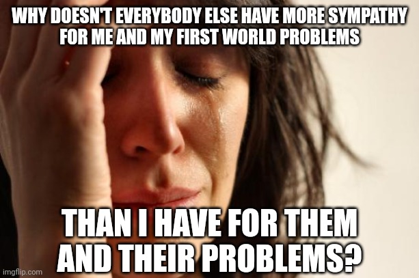 "Sympathy" literally means "suffering together". And everybody suffers. Don't be an insufferable narcissist about it. | WHY DOESN'T EVERYBODY ELSE HAVE MORE SYMPATHY
FOR ME AND MY FIRST WORLD PROBLEMS; THAN I HAVE FOR THEM
AND THEIR PROBLEMS? | image tagged in memes,first world problems,sympathy,suffering,narcissism,the golden rule | made w/ Imgflip meme maker